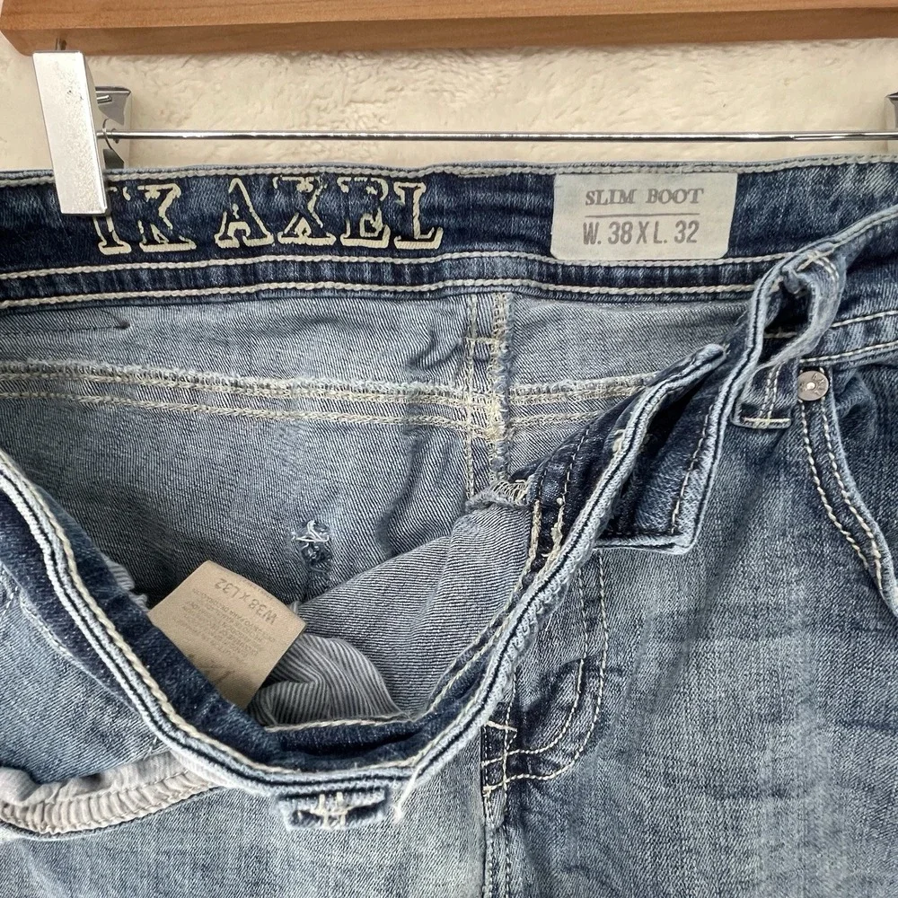 TK Axel Slim Bootcut Jeans Light Wash Distressed Blue Denim 38x32 Mens